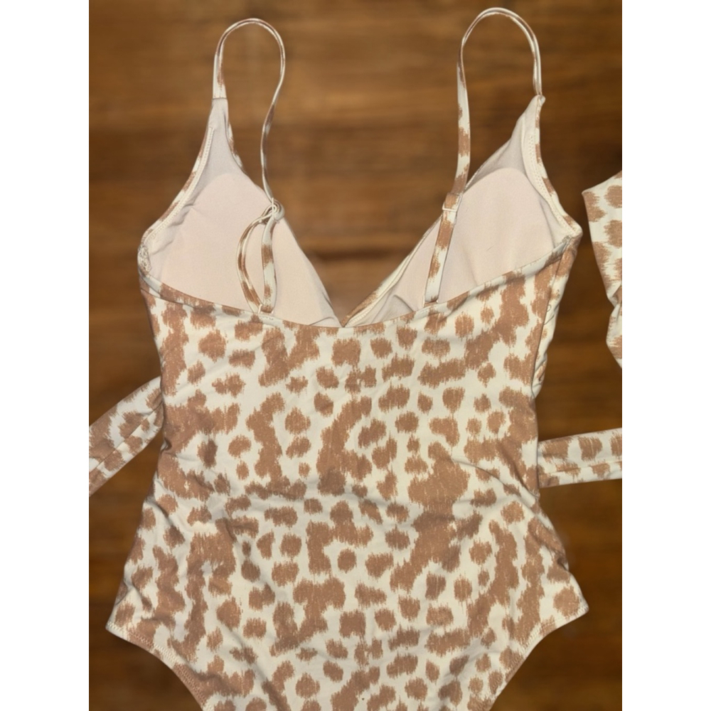 Aerie Women’s Size Small Cream Brown Animal Print Front Tie Cutout Wrap Swimsuit - Picture 6 of 12